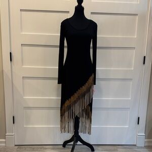 T Party Fashion Black Long-Sleeve Dress with Brown Fringe Hem